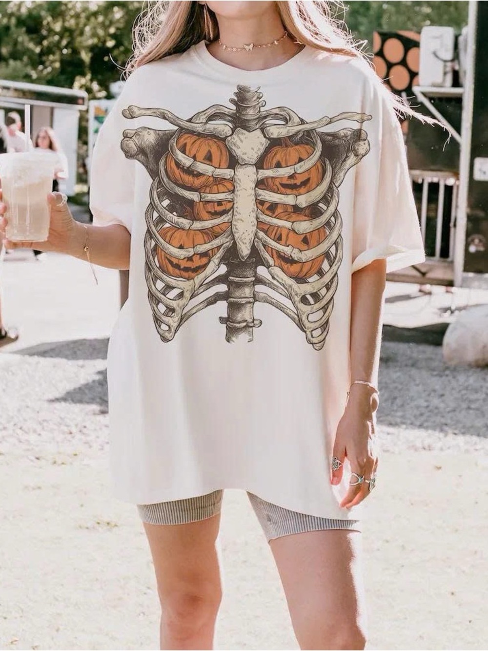 Graphic Pumpkin Rib Cage Short Sleeve Tee - White